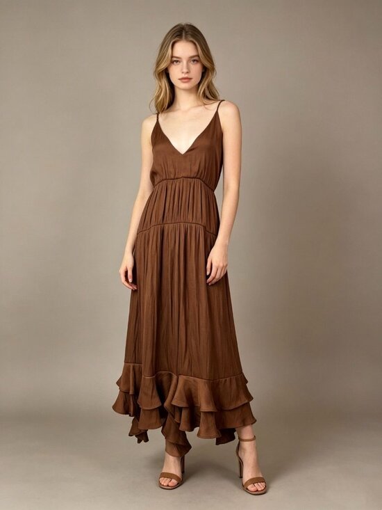 Farm Rio Dresses & Skirts - NWOT Farm Rio Ruffled Sleeveless V-Neck Midi Dress Brown Size L